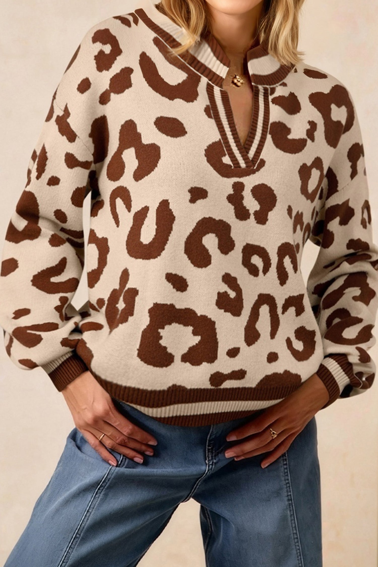 Beige Leopard Printed Knit V-Neck Casual Sweater - eAura
