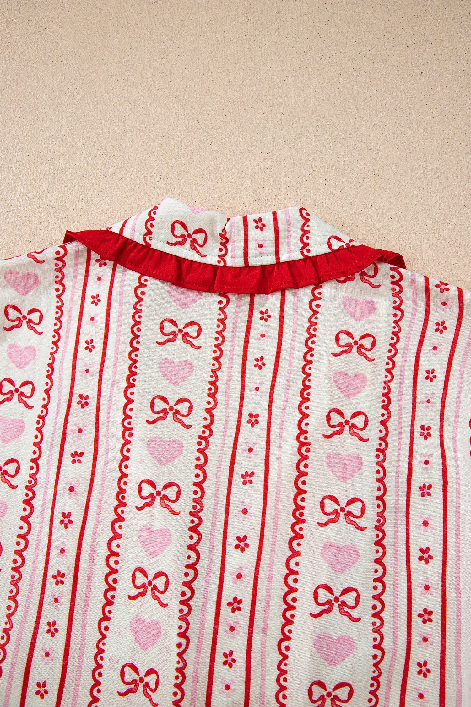 Sweet Floral Heart Bow Print Contrast Trim Long Sleeve Shirt Pajama Short Set – Red