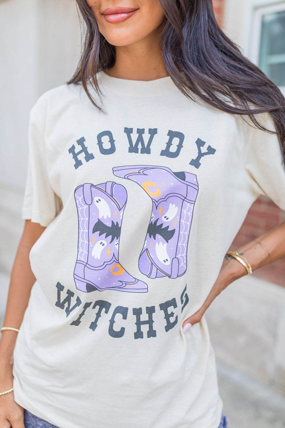 White HOWDY WITCHES Boots Crewneck T-Shirt