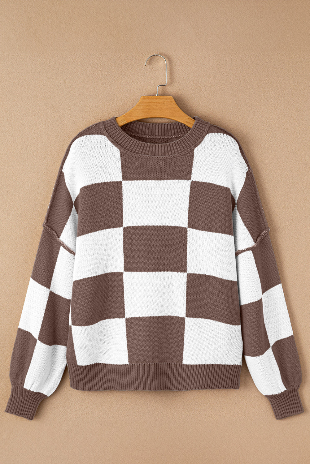 Checkered Bishop Sleeve Sweater – Rose, Pink, Green, Brown, Red & Black