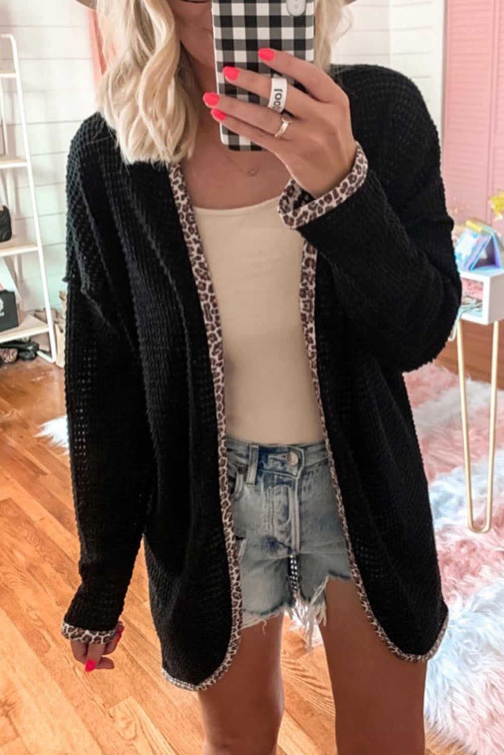 Black Leopard Contrast Waffle Knit Open Front Cardigan eAura