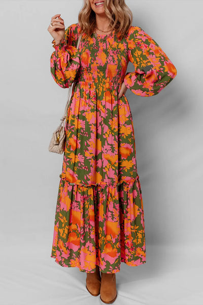 Floral Puff Sleeve Smocked Bodice Ruffled Long Dress - Orange / S - Dresses/Floral Dresses