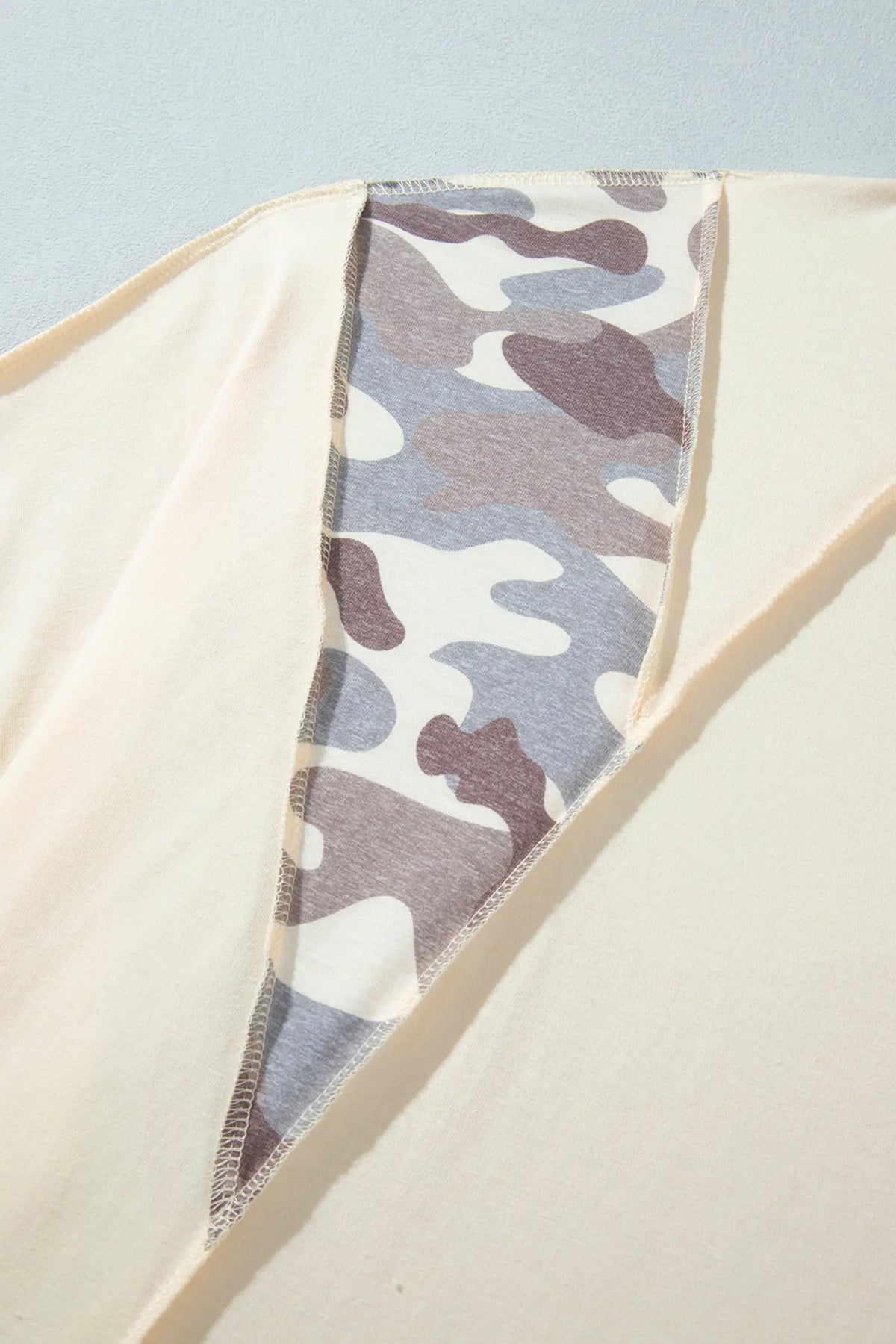 Apricot Camouflage Panel Twist Rib Sleeve Round Neck Loose Fit Plus Size Blouse – Beige