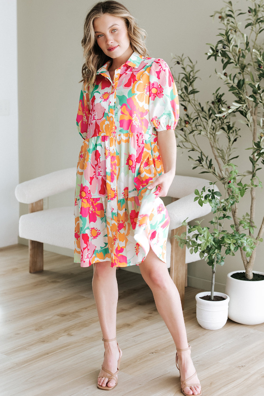 Green Floral Puff Sleeve Collar Buttoned Babydoll Dress eAura