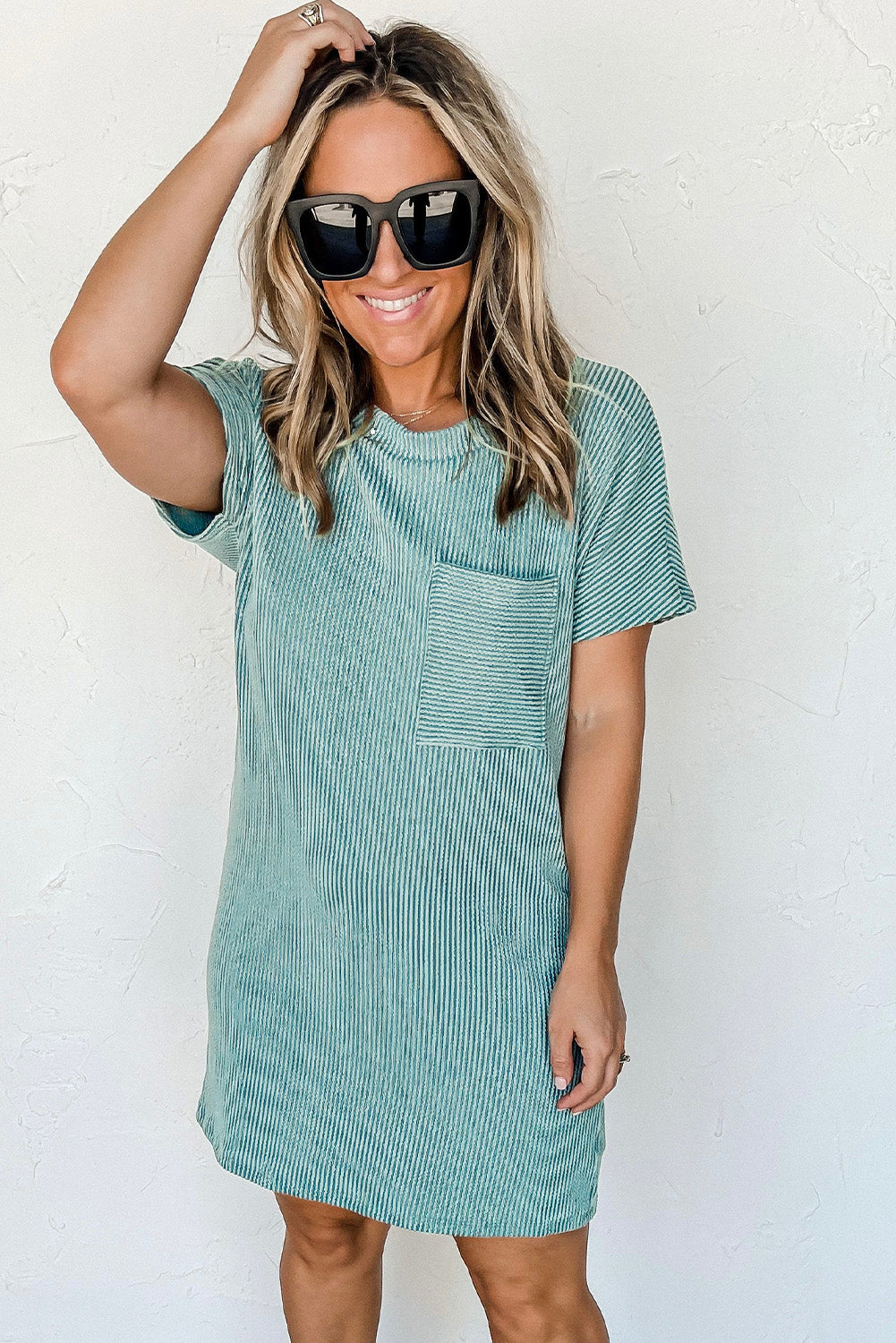 Blue Striped Ribbed Knit T-shirt Shift Dress eAura