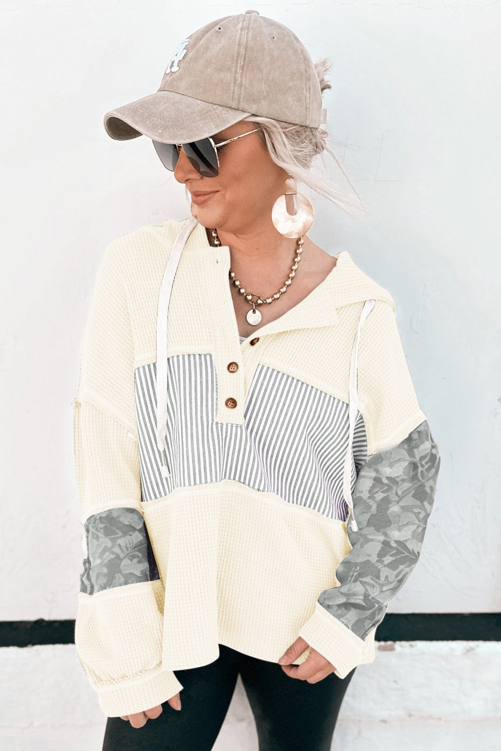 Waffle Patchwork Drawstring Hooded Long Sleeve Top - eAura