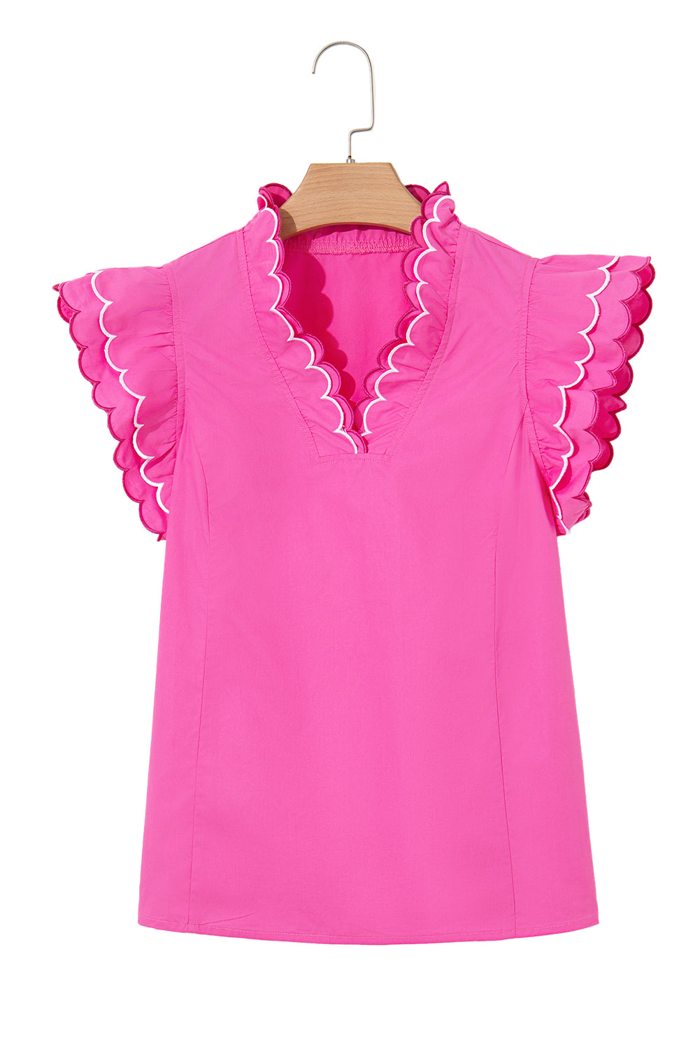 Bright Pink Scallop Trim Short Sleeve V Neck Top eAura