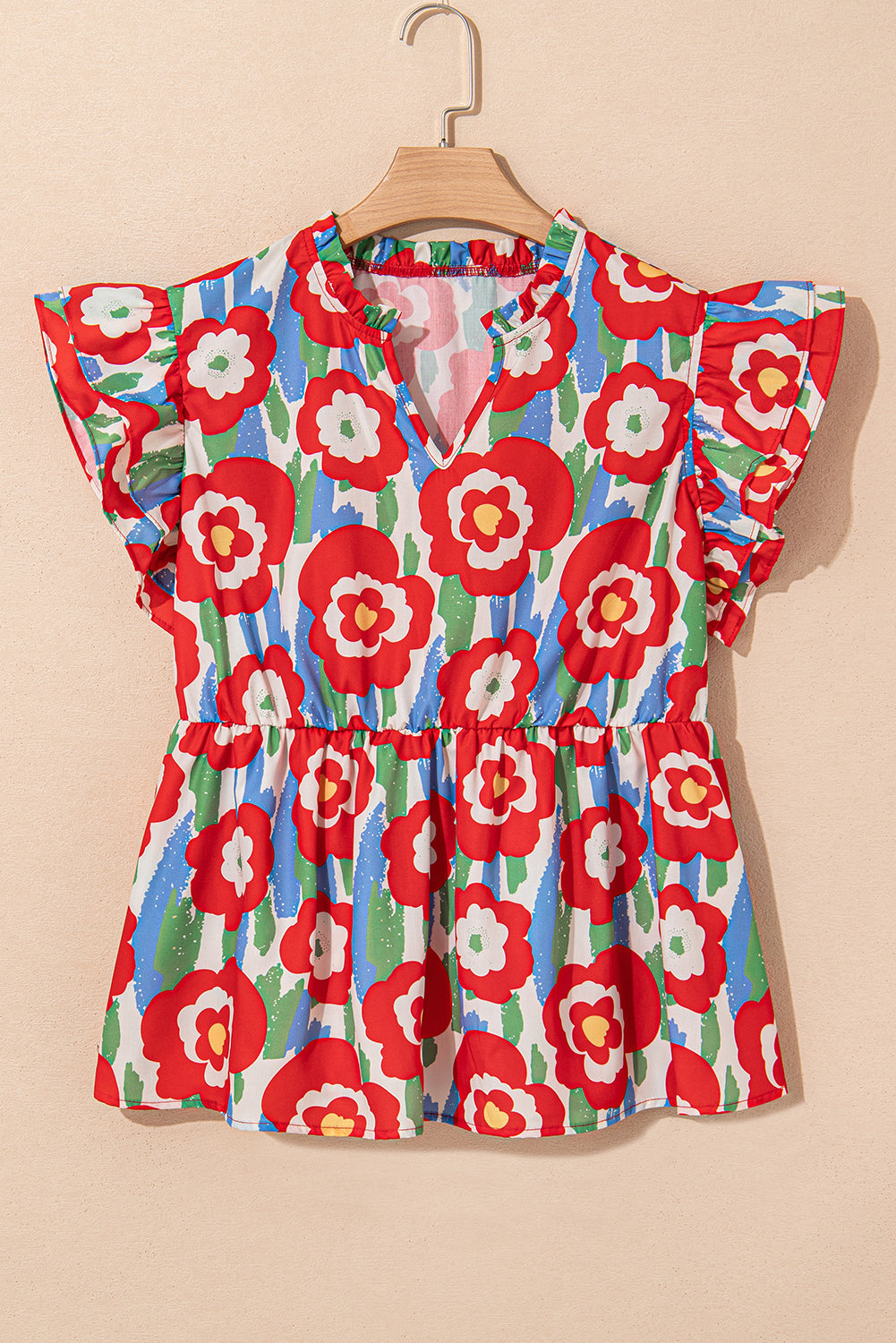 Red Plus Size Floral Print Ruffle Trim Split Neck Peplum Top BB Fashion Outlet