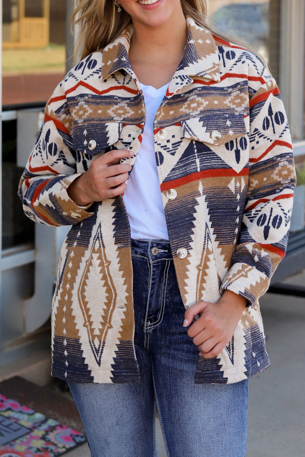 Multicolour Aztec Print Button-Up Oversized Jacket eAura
