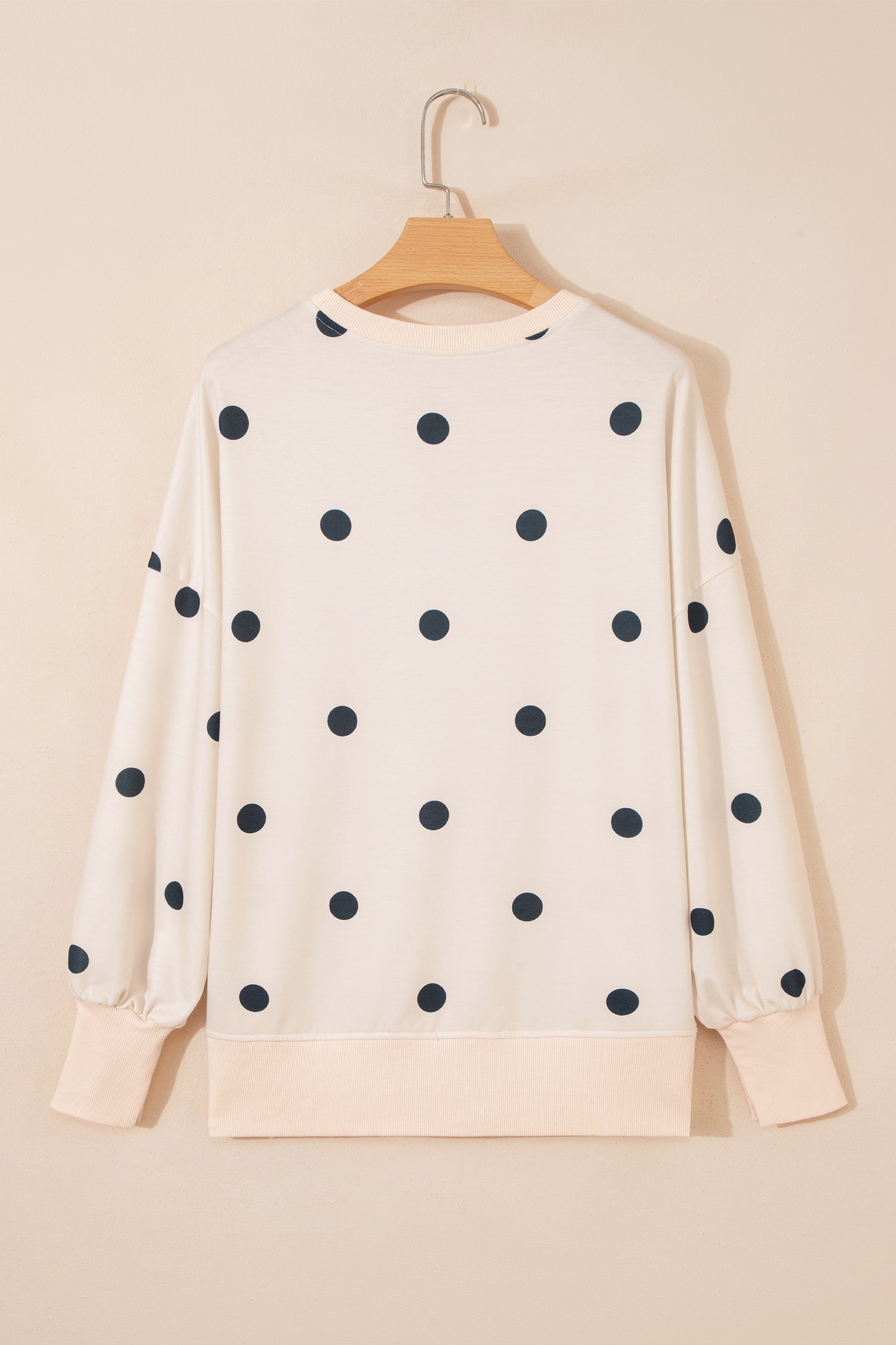 Loose-fit Long Sleeve Round Neck Polka Dot Tunic Sweatshirt – Beige