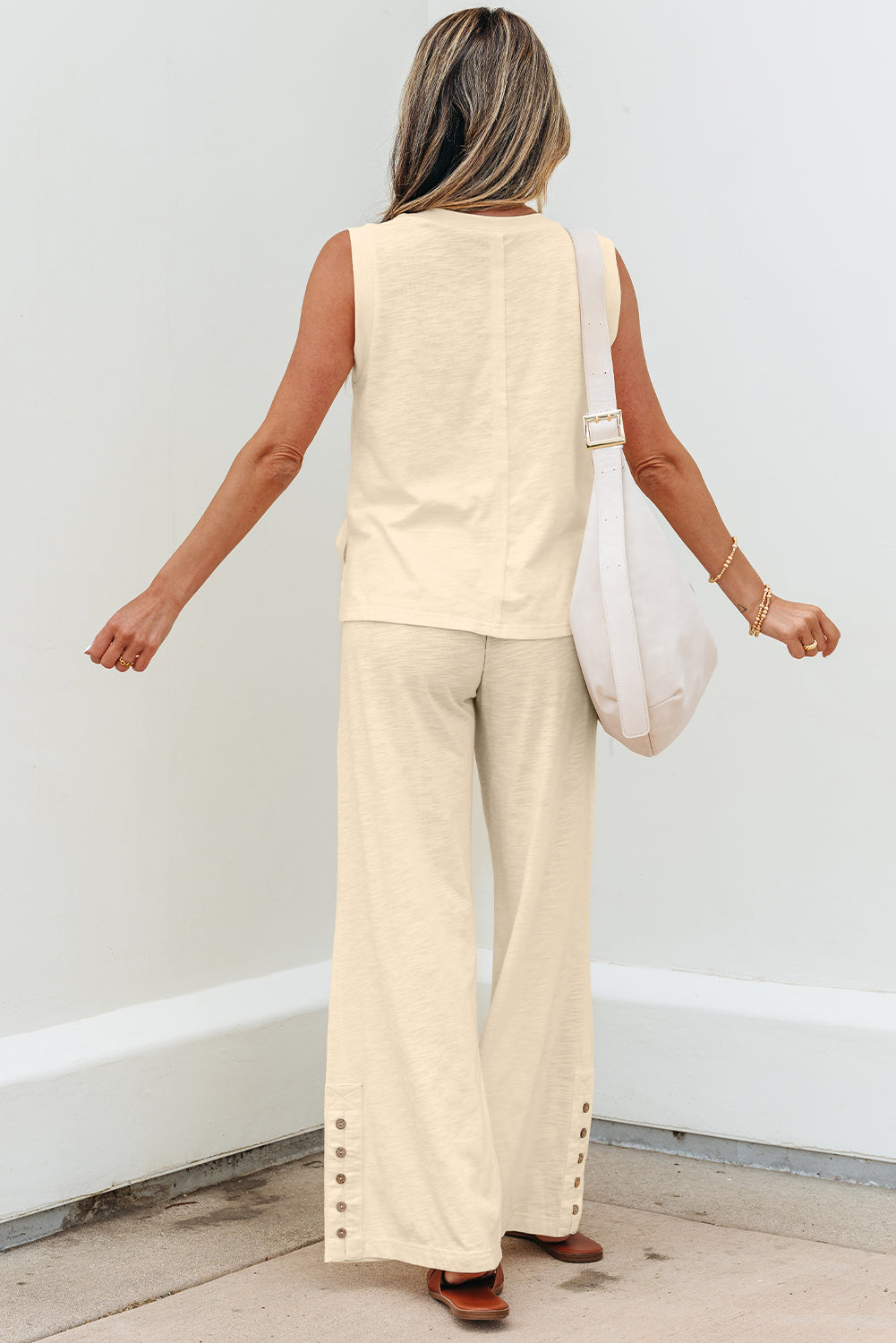 Beige Semi-Sheer Sleeveless Top and Smocked Waist Trousers Set Co-ord eAura