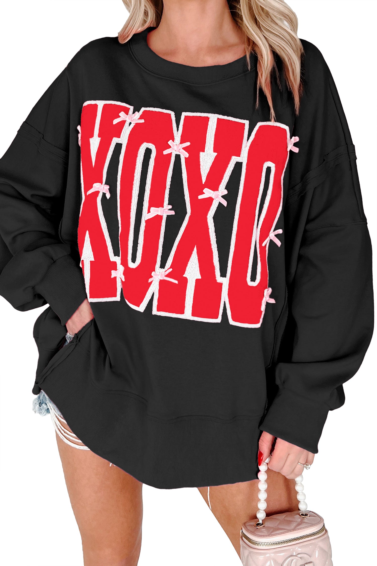 Sequin XOXO Letter Graphic Exposed Seam Oversized Sweatshirt - Tops/Sweatshirts & Hoodies