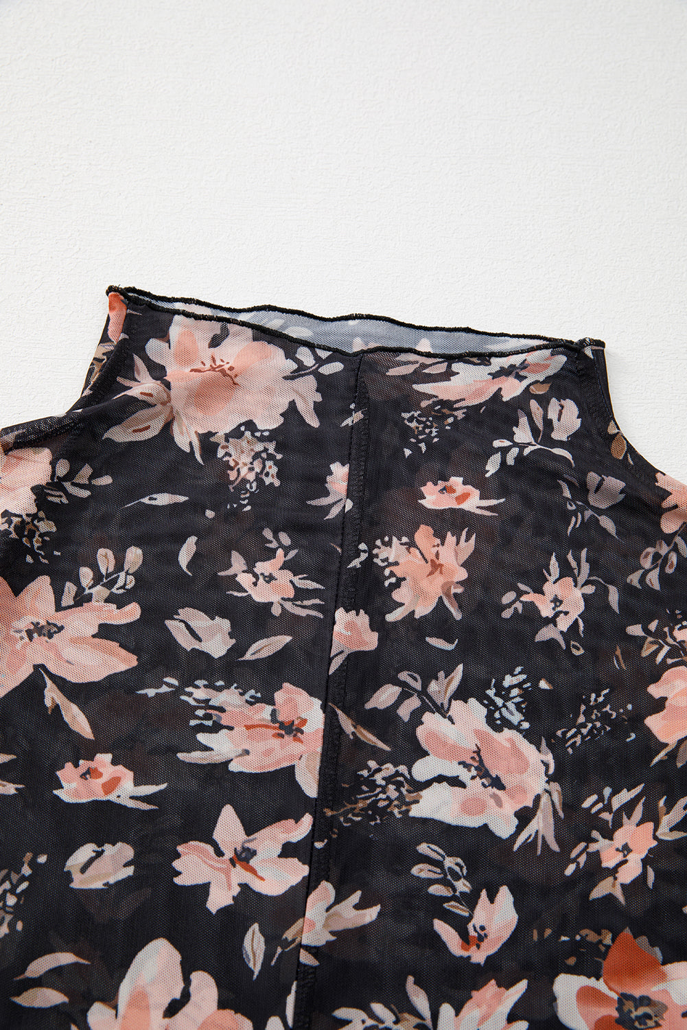 Black Floral Mesh Mock Neck Long Sleeve Slim Fit Top eAura
