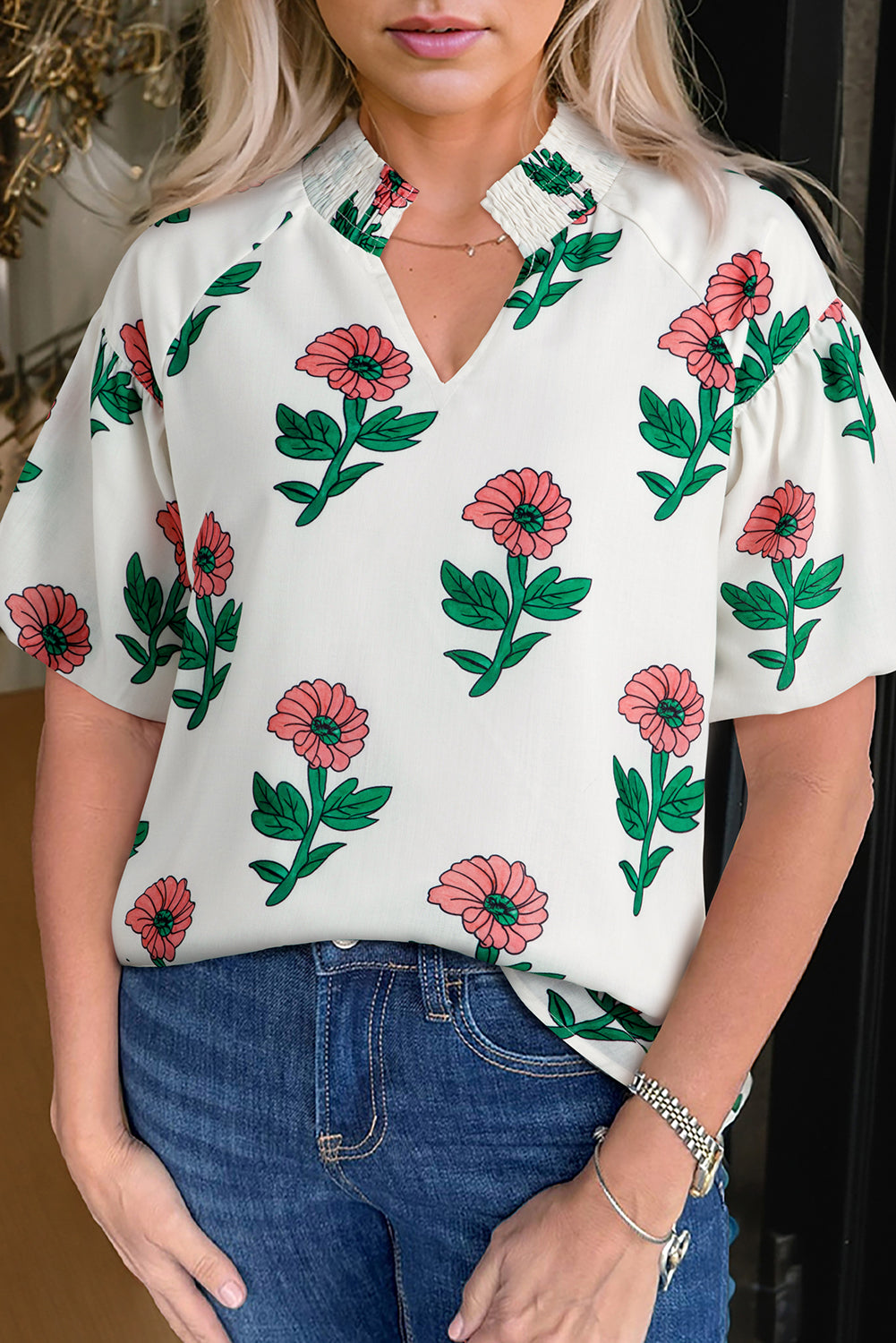 Beige Floral Print Shirred Split Neck Short Sleeve Blouse eAura