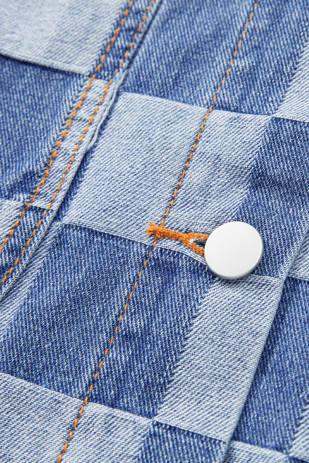 Light Blue Checkered Patchwork Button up Denim Jacket Beagle Boutique Fashion Outlet