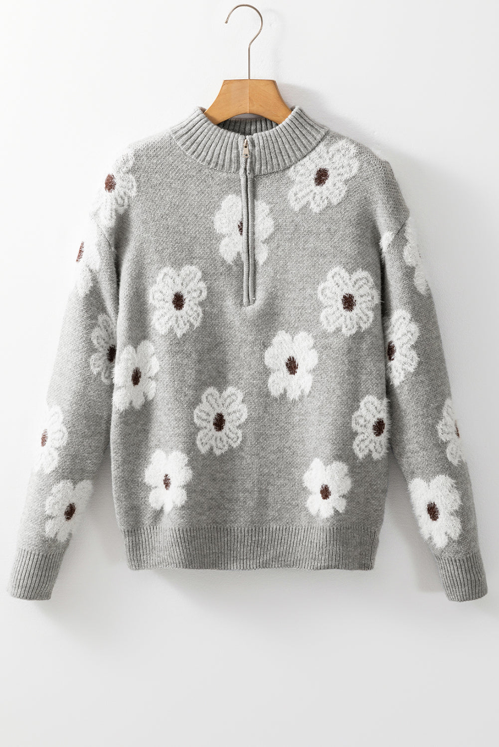 Grey Floral Pattern Half Zip Drop Shoulder Sweater eAura