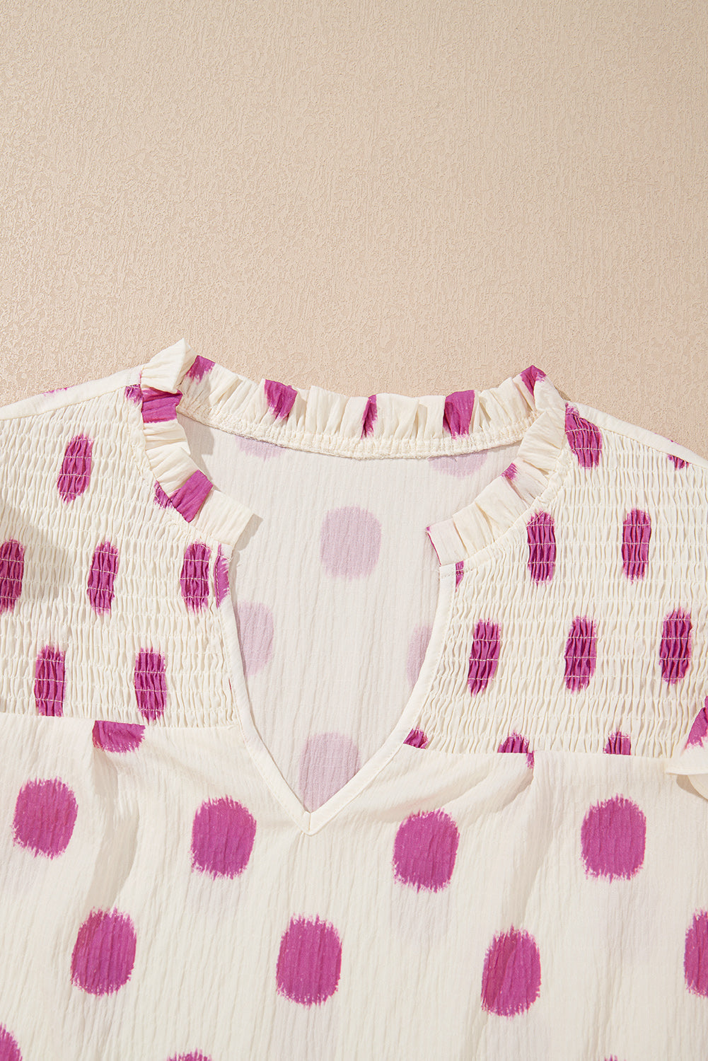 Rose Polka Dot Print Shirred Yoke Notched Neck Balloon Sleeve Blouse eAura