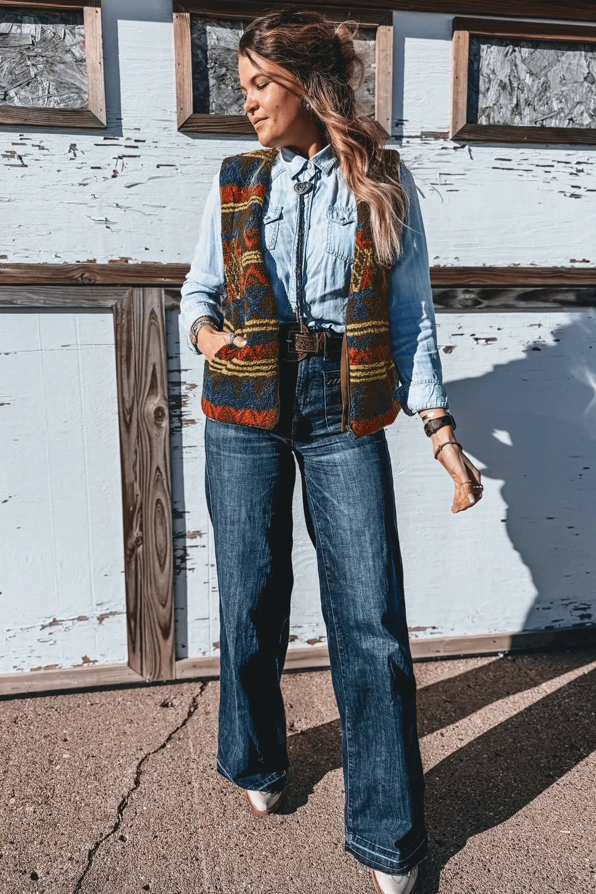 Western Print Faux Fur Metal Zipper Insert Pockets Sleeveless Vest – Multicolour