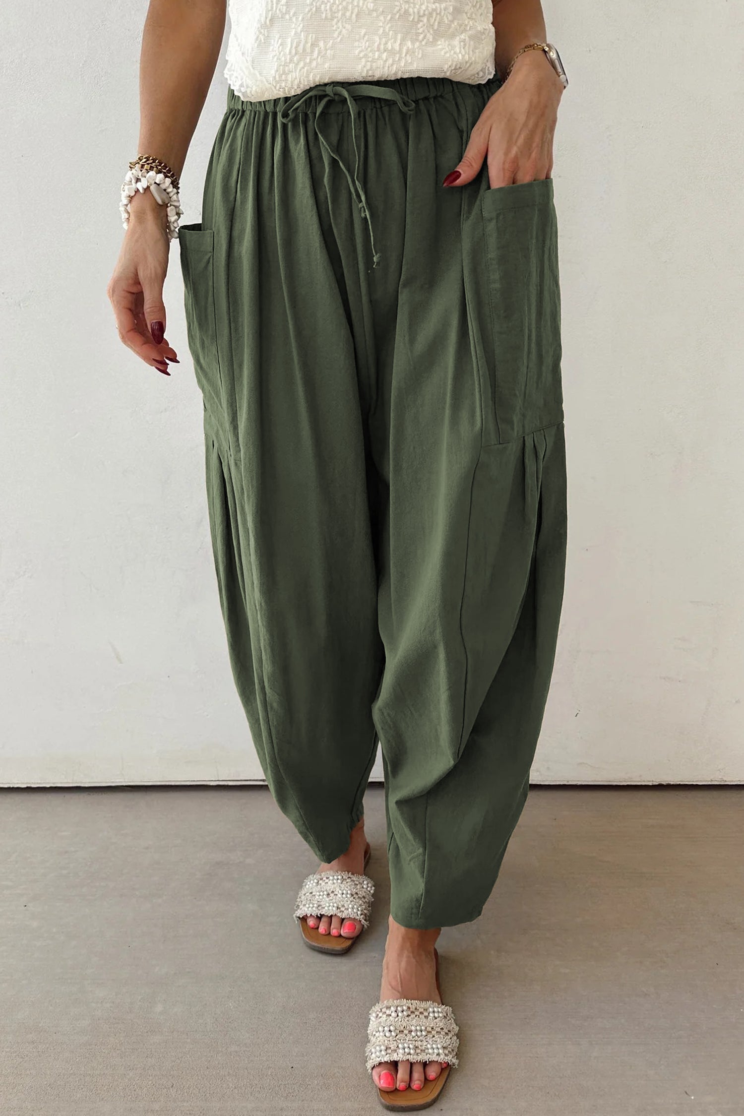 Drawstring Elastic Waist Pocket Barrel Leg Casual Pants - eAura