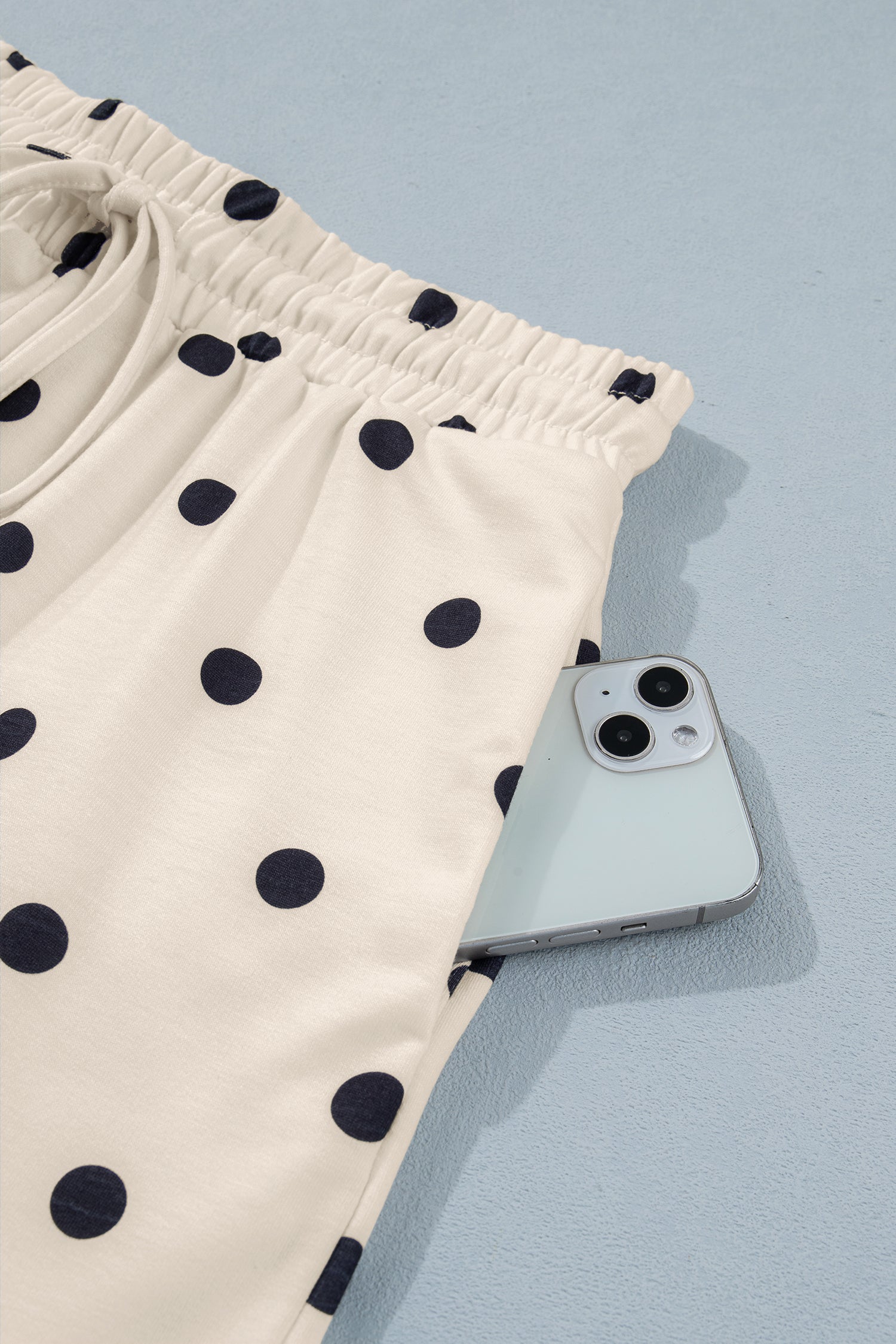 Exposed Seam Detail Polka Dot Loose Tee Drawstring Shorts Set – White