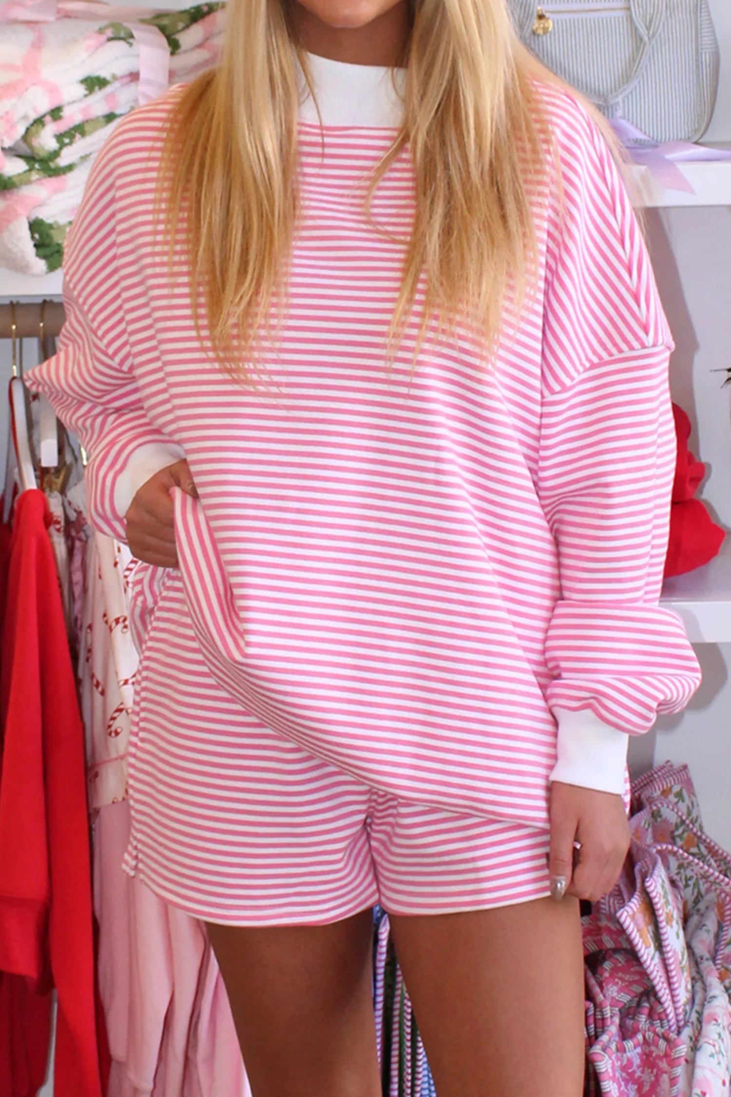 Stripe Oversize Mock Neck Sweatshirt and Shorts Set