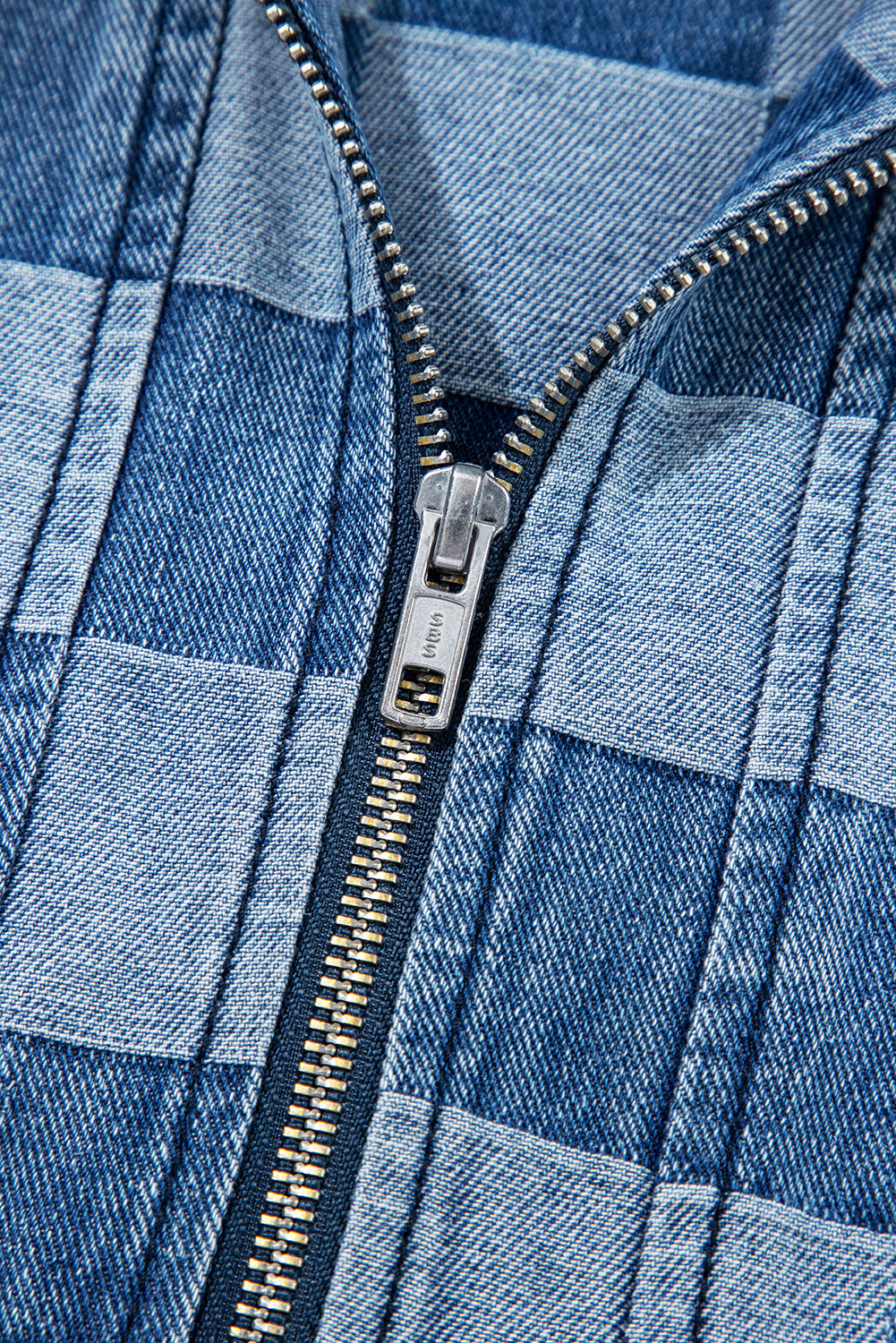 Checkerboard Zip Neck Kangaroo Pocket Denim Hoodie - eAura