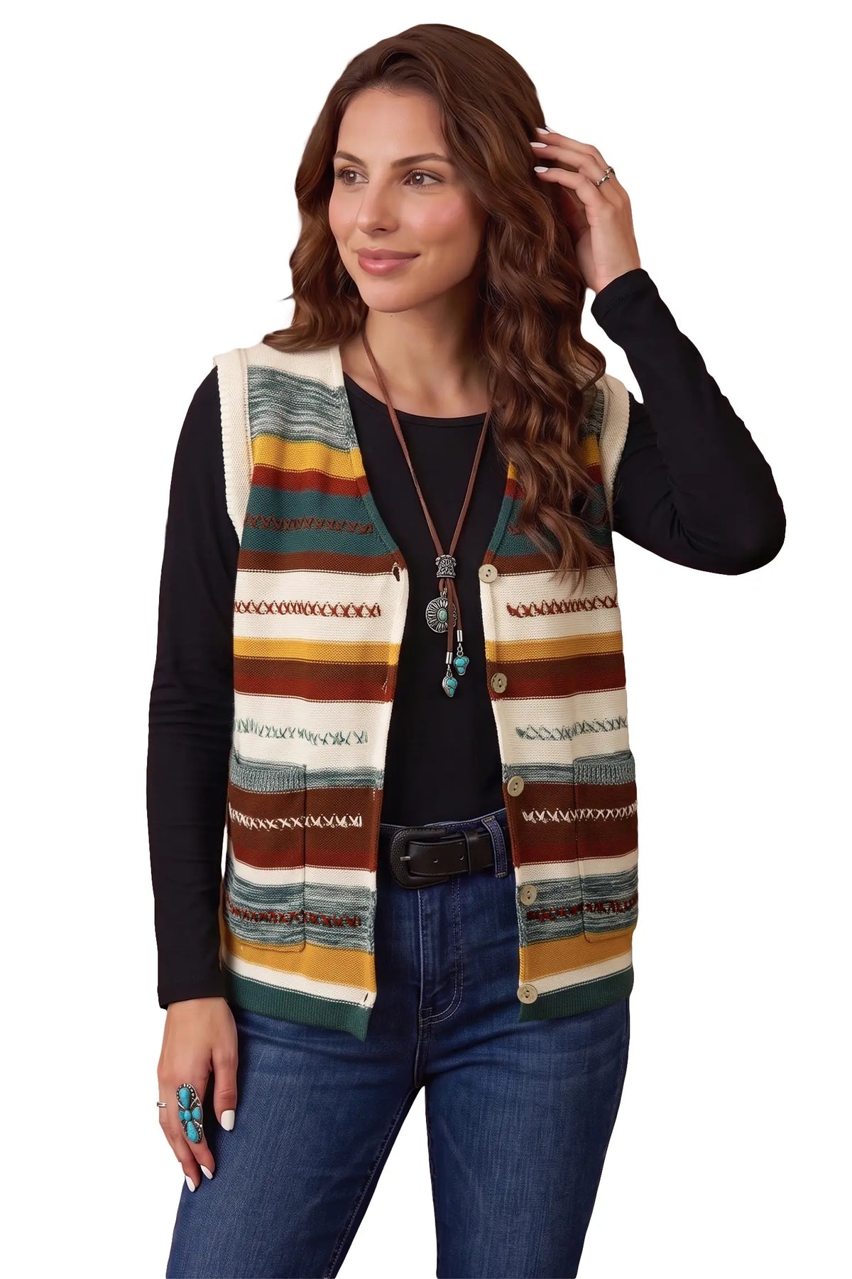 Striped Button Front Sleeveless Knit Regular Fit Sweater Vest – Multicolour