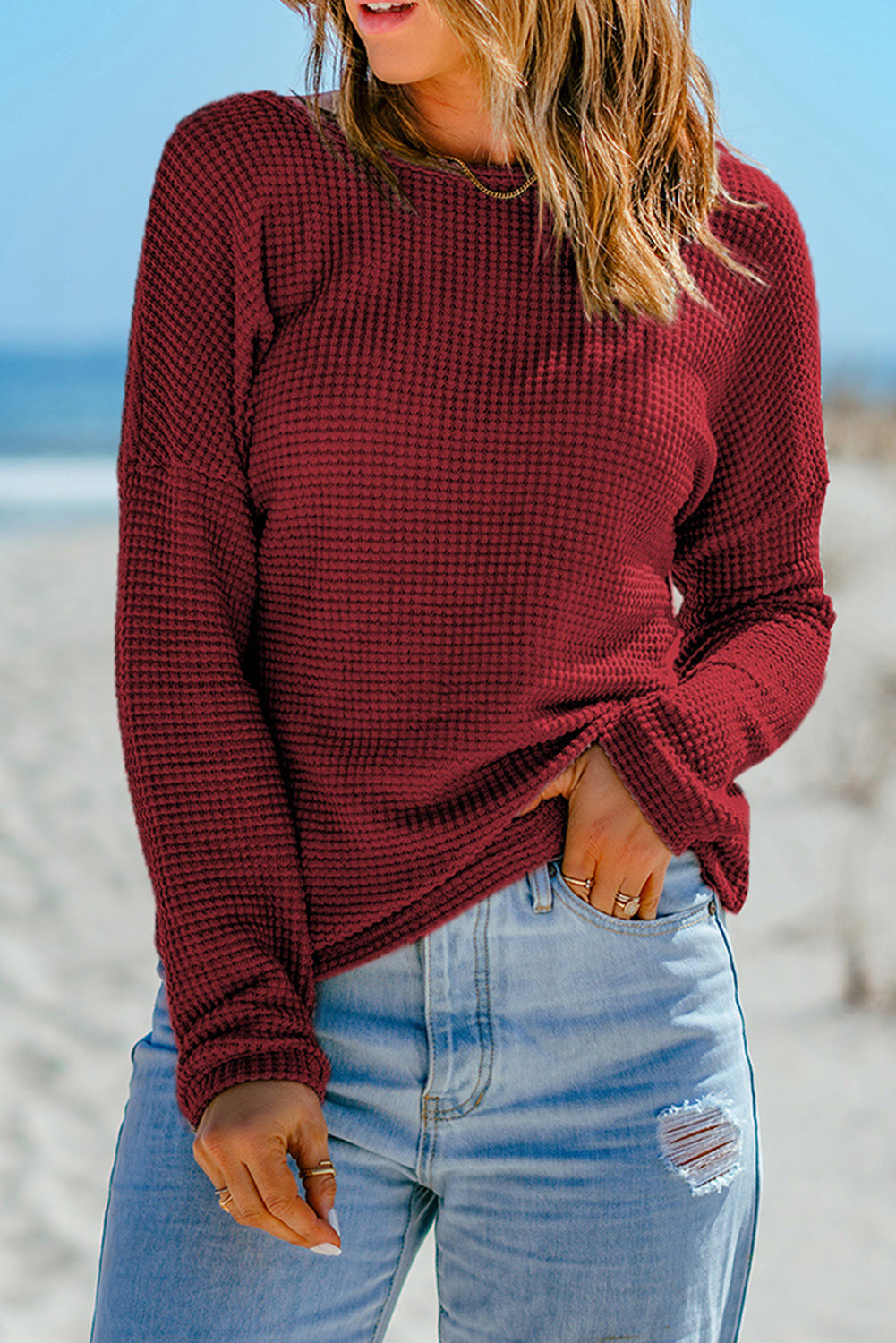 Fiery Red Waffle Knit Drop Shoulder Long Sleeve Top eAura