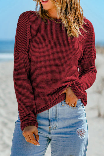 Fiery Red Waffle Knit Drop Shoulder Long Sleeve Top eAura