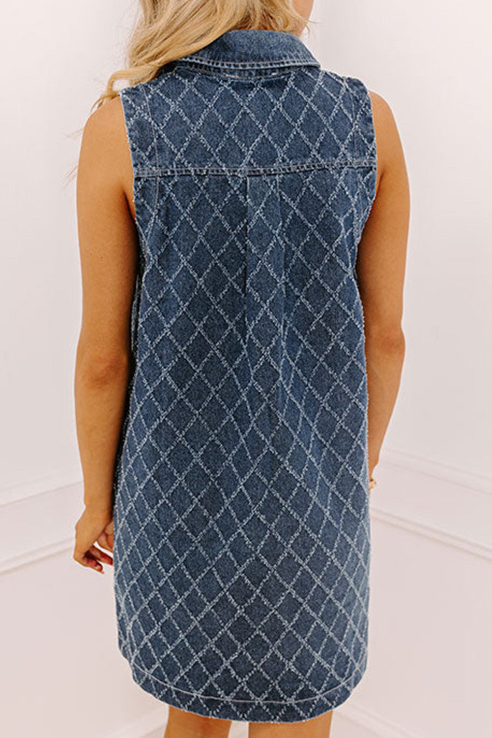 Rhombus Textured Collar Buttoned V-Neck Denim Sleeveless Mini Dress