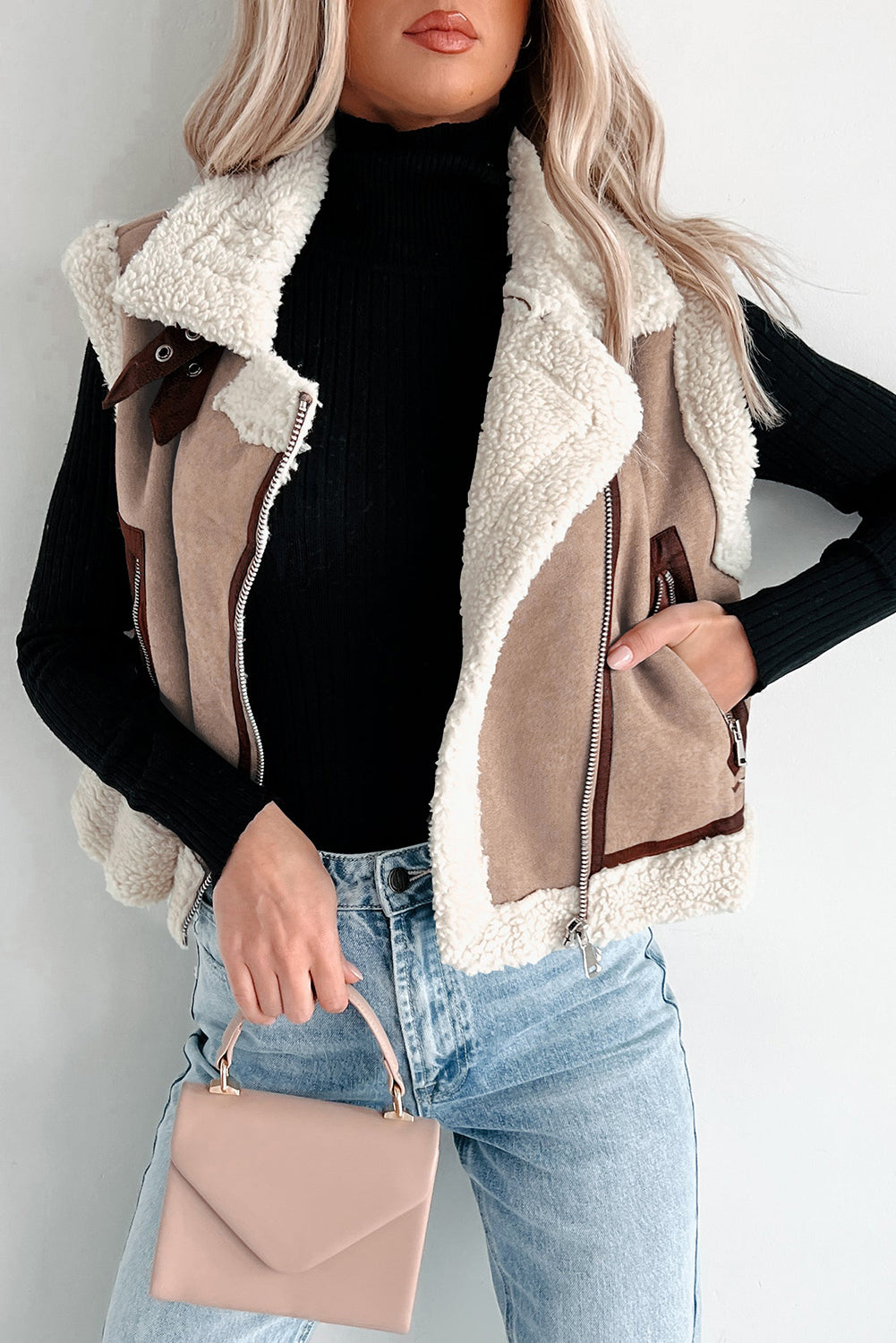Sherpa Lined Faux Suede Lapel Collar Gilet Sleeveless Jacket eAura