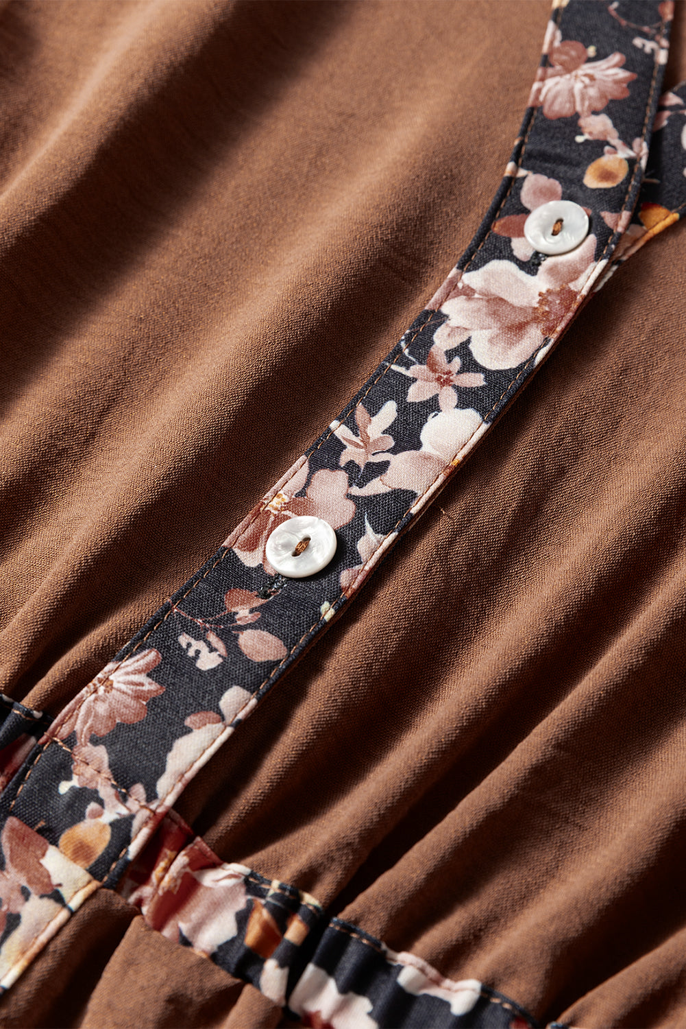Floral Patchwork Detail Notched Neck Long Sleeve Maxi Dress - eAura