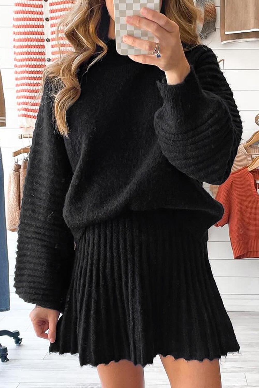 High Neck Puff Sleeve Sweater and Pleated Mini Skirt Co-ord Knit Outfit - Black / S - Two Piece Sets/Two Dresses