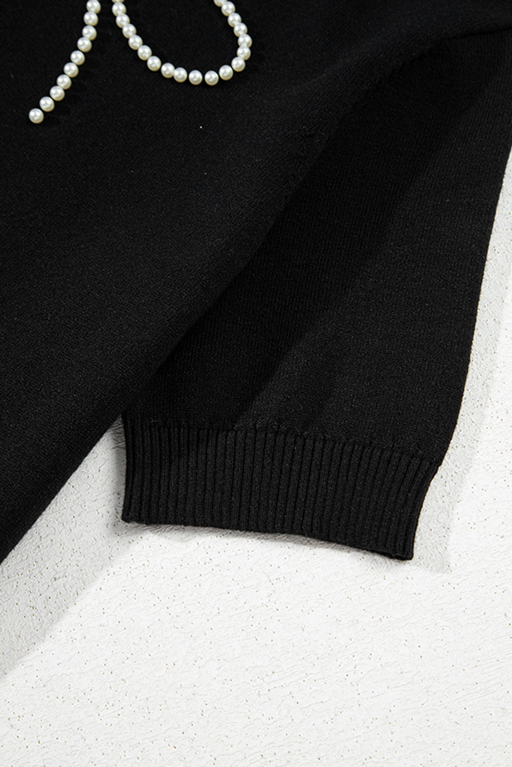 Black Pearl Bow Necklace Embellished Short Sleeve Knitted T Shirt eAura