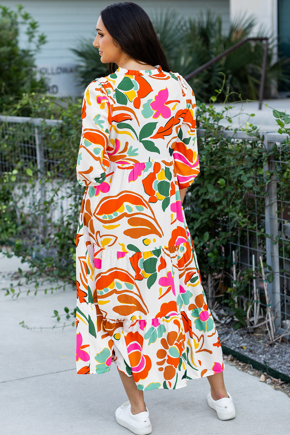 Orange Floral Print Split V Neck Tiered Maxi Dress eAura