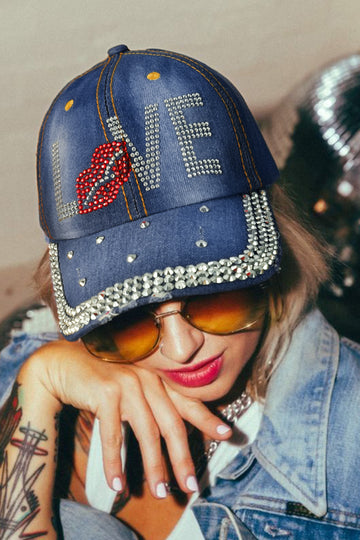 Blue Rhinestone Embellished LOVE Lip Denim Baseball Cap
