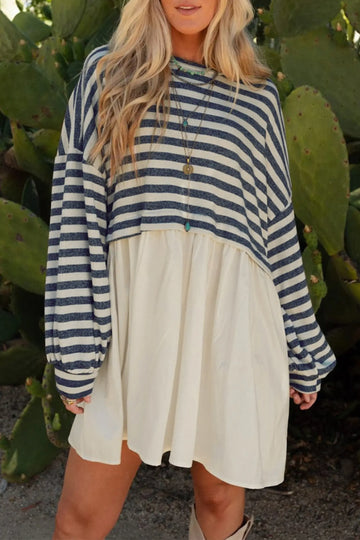 Mini Dress Long Sleeve Pocketed Patchwork Hem