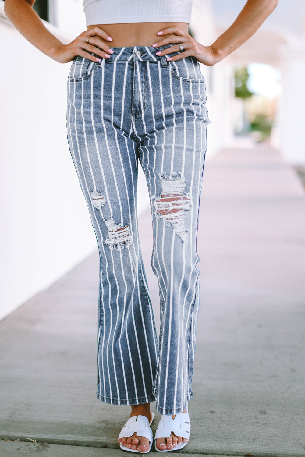 Sky Blue Vertical Striped Ripped Flare Jeans eAura
