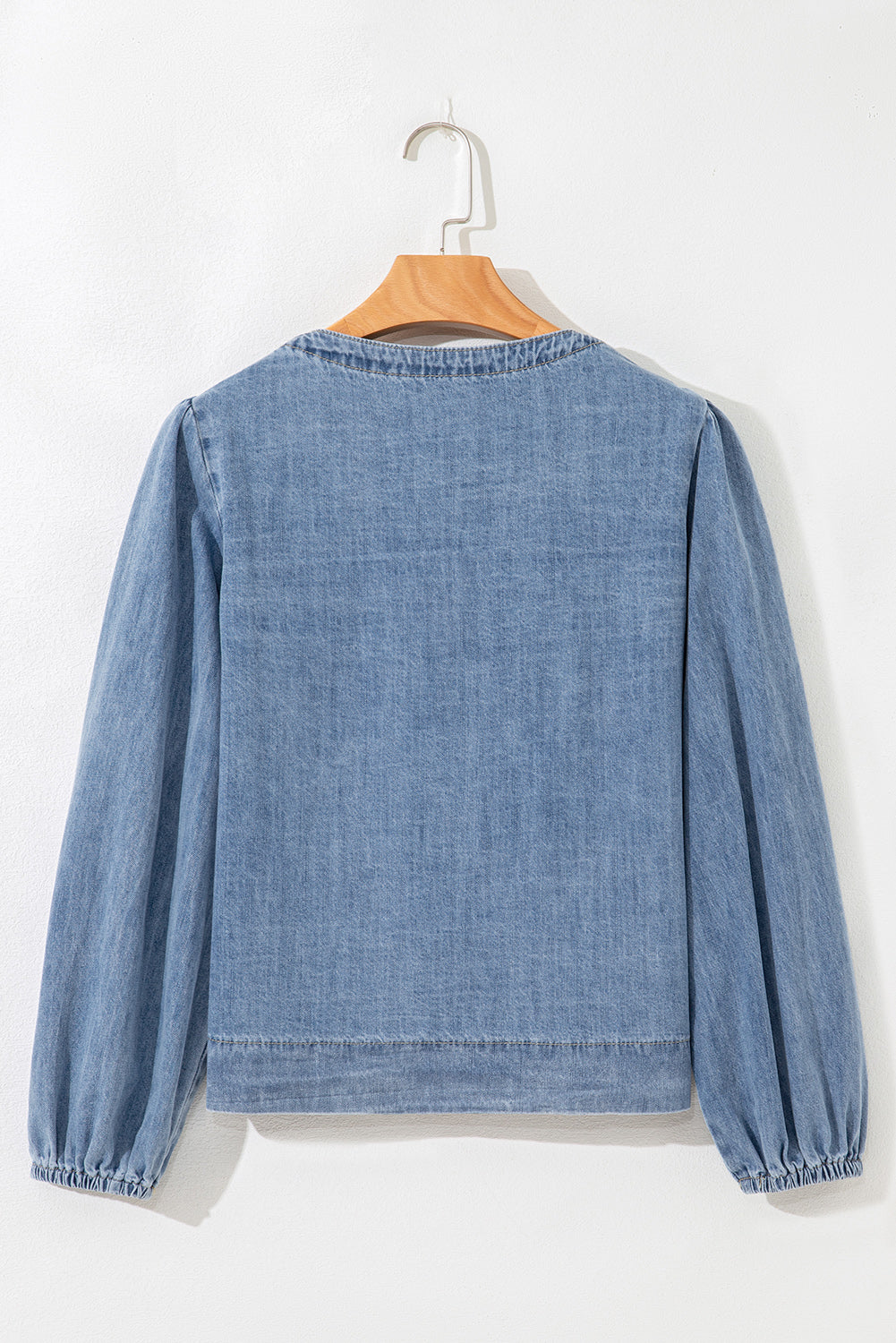 Tied Front Long Puff Sleeve Denim Top - eAura