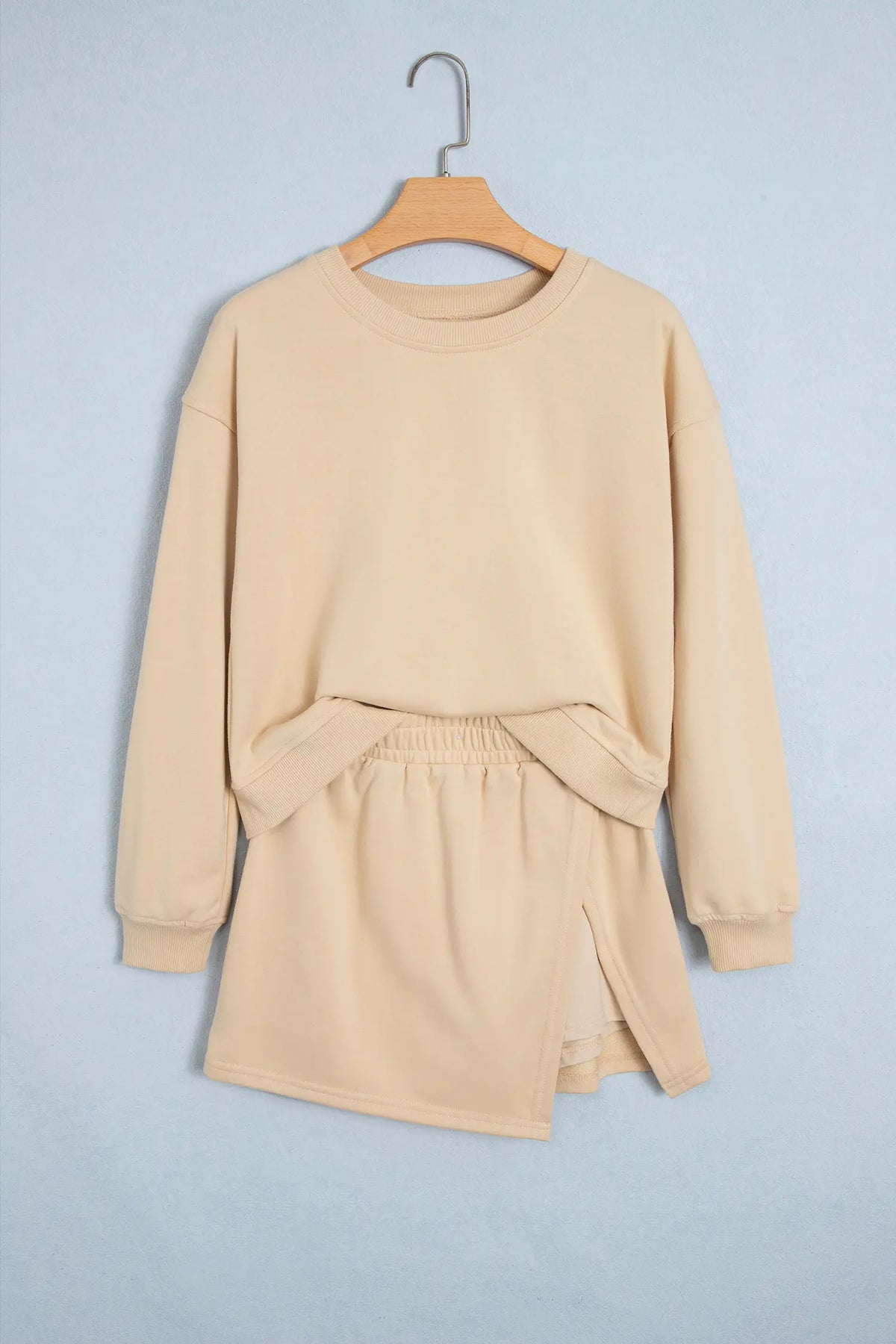 Solid Colour Long Sleeve Top Split Skort 2pcs Outfit – Parchment