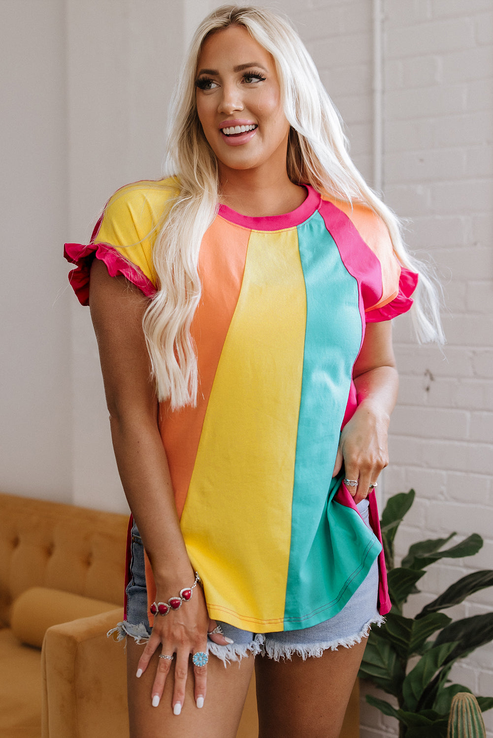 Rose Red Colour Block Ruffled Crew Neck Loose Fit T Shirt eAura