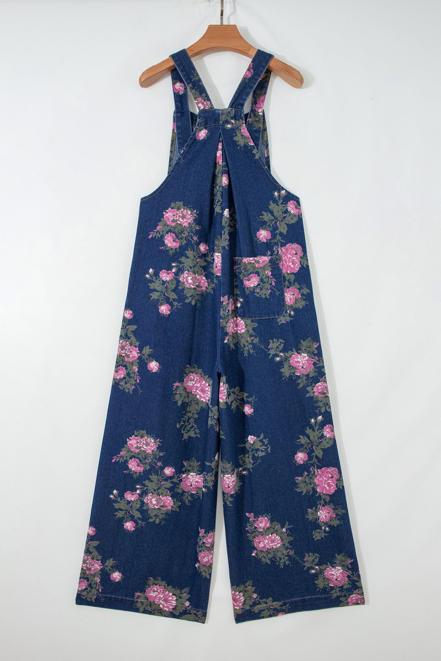 Floral Print Pleated Wide Leg Denim Jumpsuit – High Waist