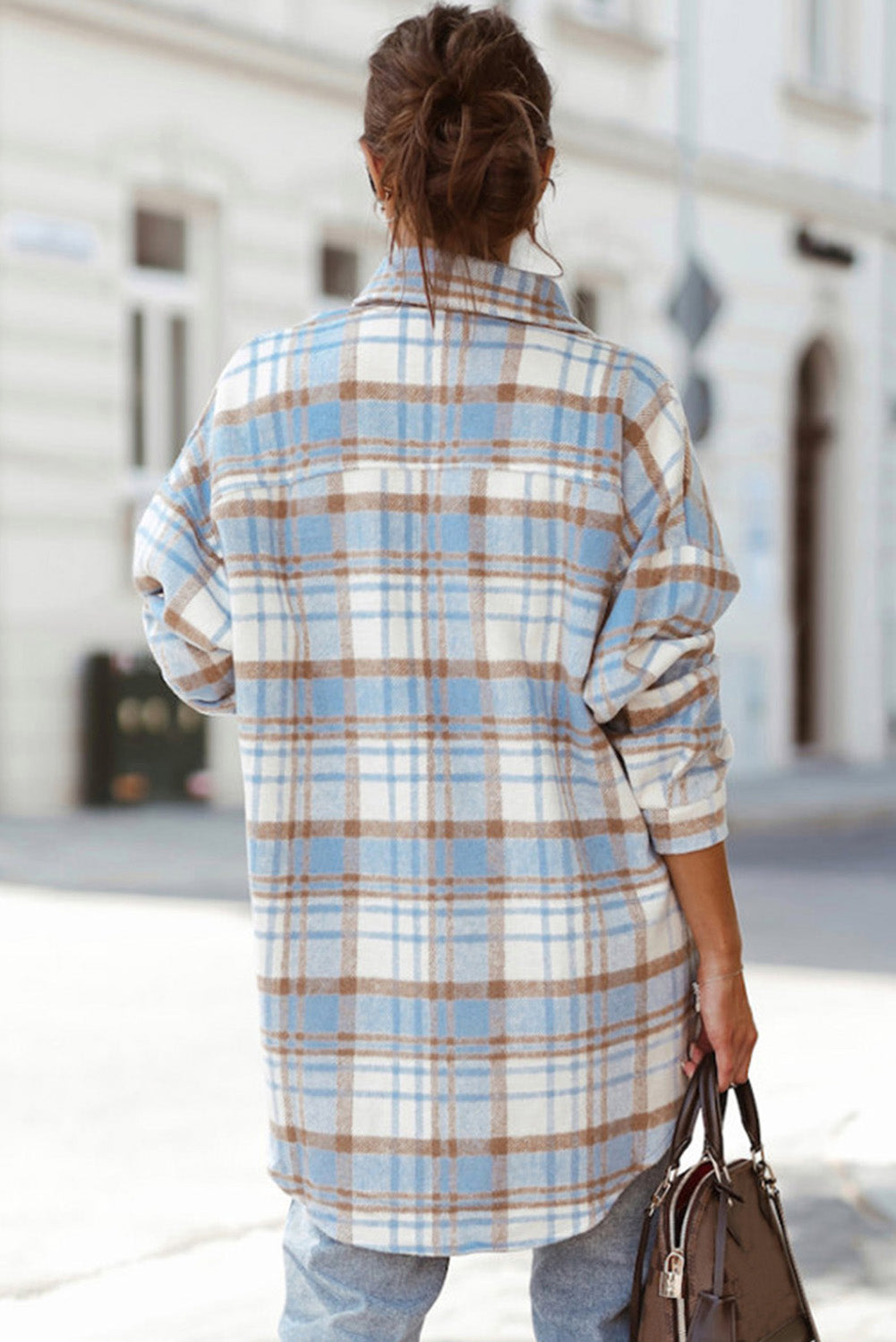 Sky Blue Plaid Flap Pocket Long Sleeve Shacket Beagle Boutique Fashion Outlet