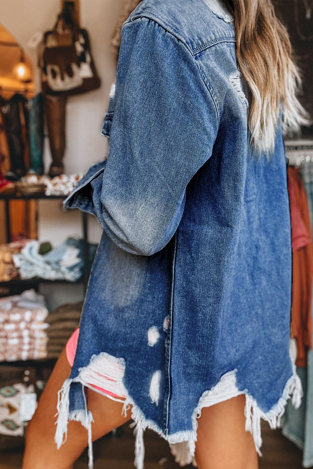 Sky Blue Light Wash Distressed Frayed Long Denim Jacket Beagle Boutique Fashion Outlet