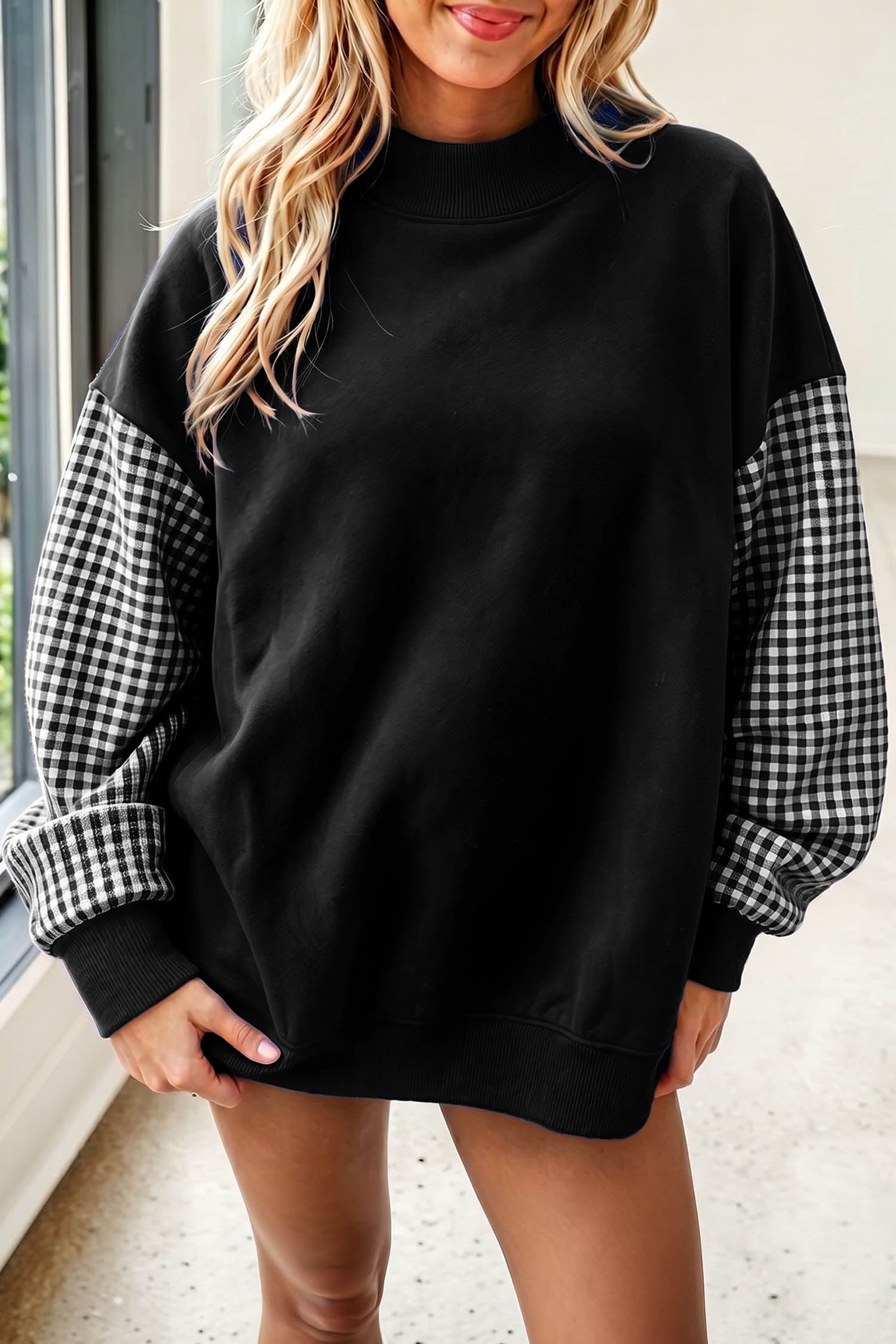 Plaid Sleeve Colorblock Loose Tunic Sweatshirt – Fiery Red