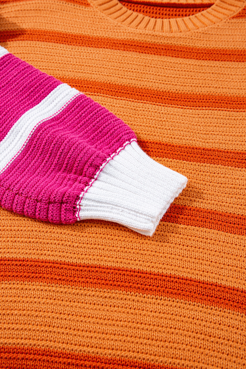 Orange Stripe Colourblock Crew Neck Drop Shoulder Loose Sweater eAura