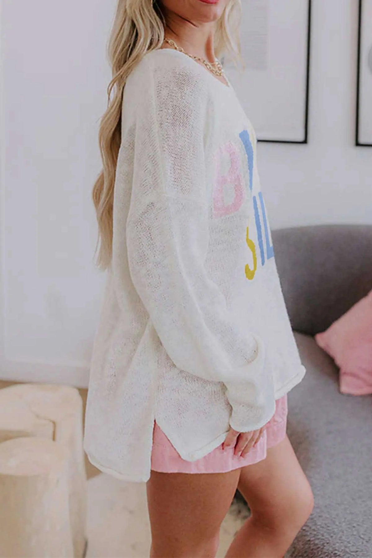 V Neck Lightweight Knit BEACH SIDE Shift Tunic Sweater – White