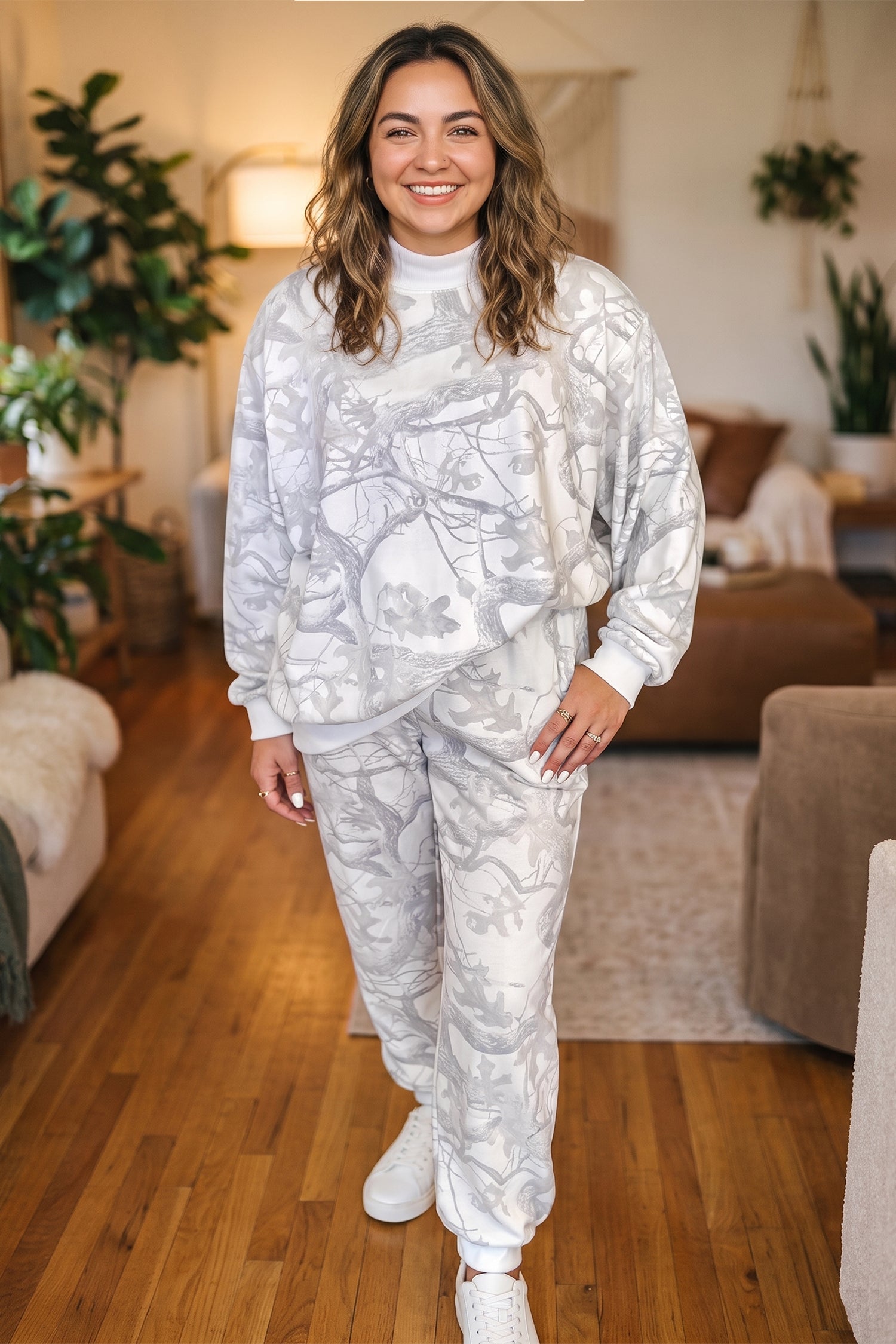 Camouflage Print Stand Neck Long Sleeve Regular Fit Plus Size Set – Gray