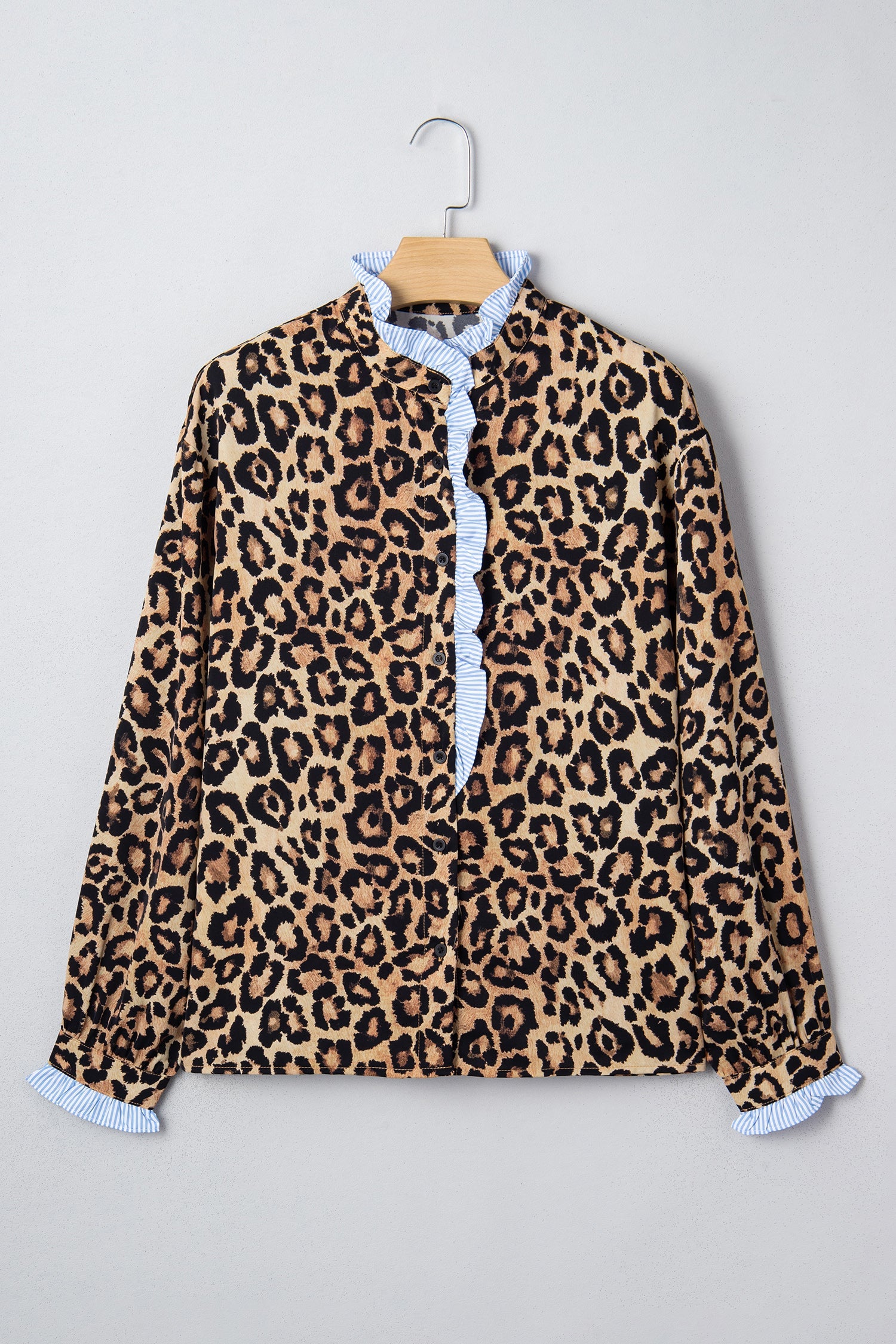 Leopard Print Contrast Striped Frilled Trim Chic Shirt - eAura