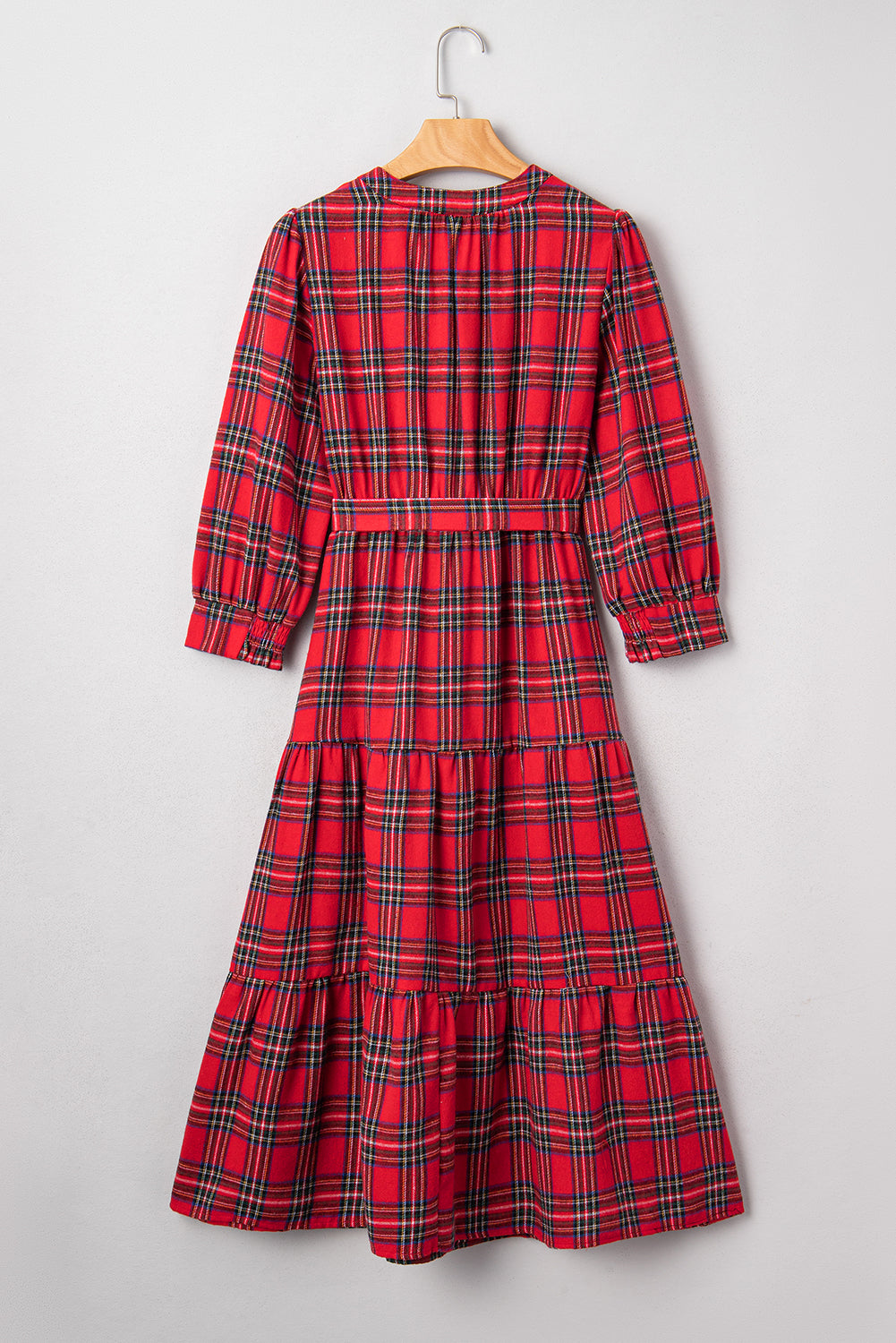 Christmas Plaid Print V-Neck 3/4 Sleeve Tie Waist Long Dress - eAura